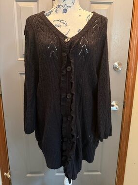 Black Open-Knit Button Long Cardigan Sweater (xl)- The Gap